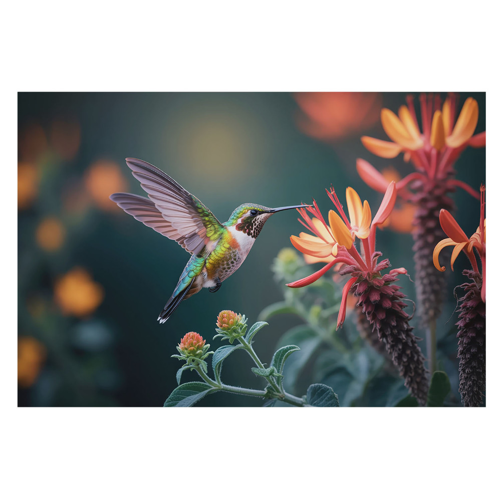Fototapet modern la comandă O colibri zboară peste o grădină colorată