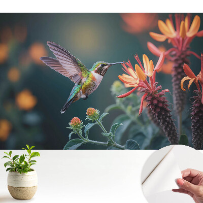Fototapet autocolant O colibri zboară peste o grădină colorată