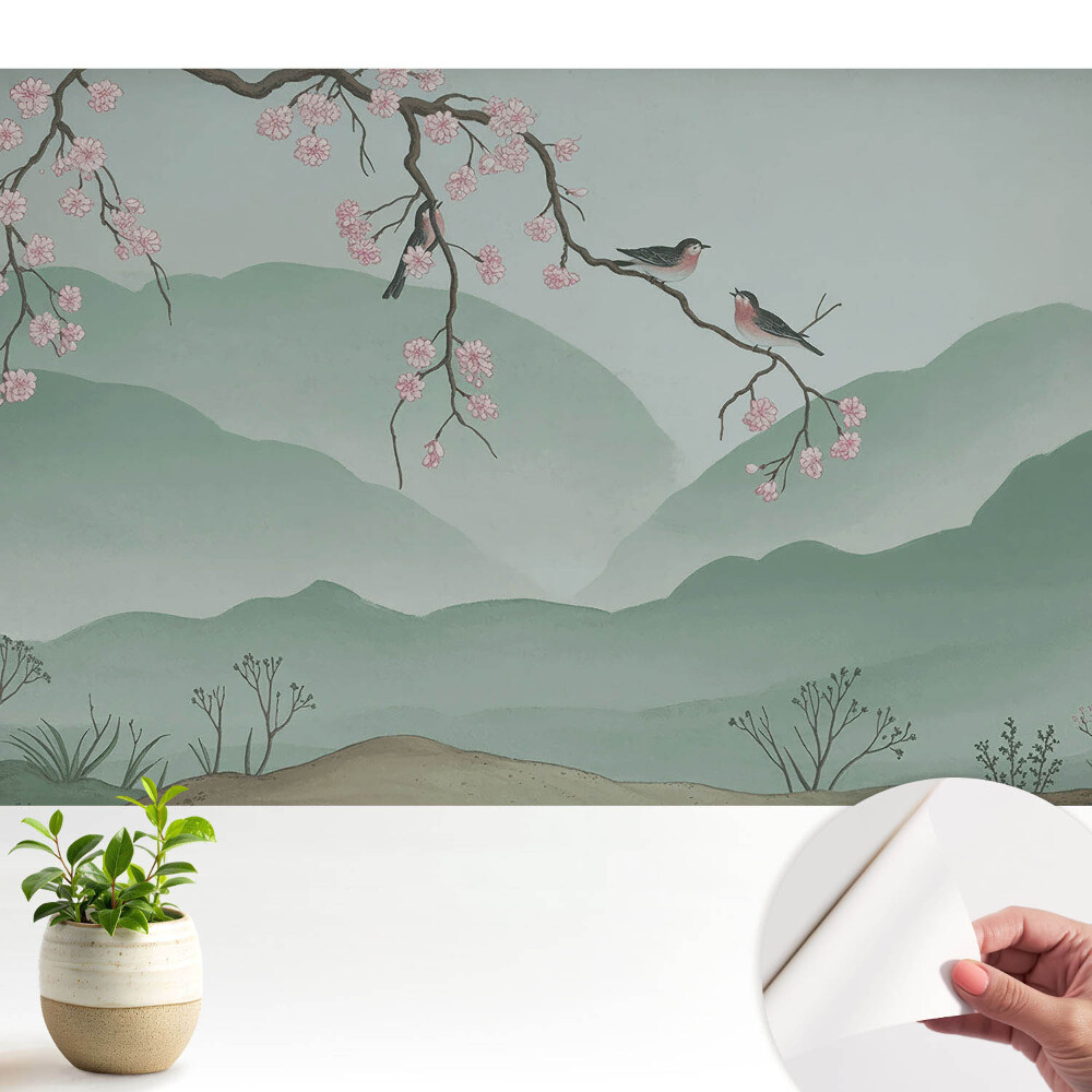 Tapet vinil cu peisaj oriental și motiv de pasăre