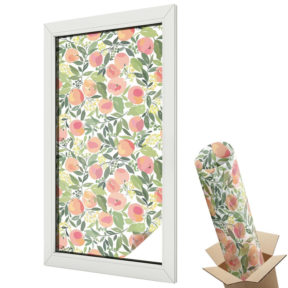 Folie geamuri decorativă vitraliu Piersici suculente și frunze verzi