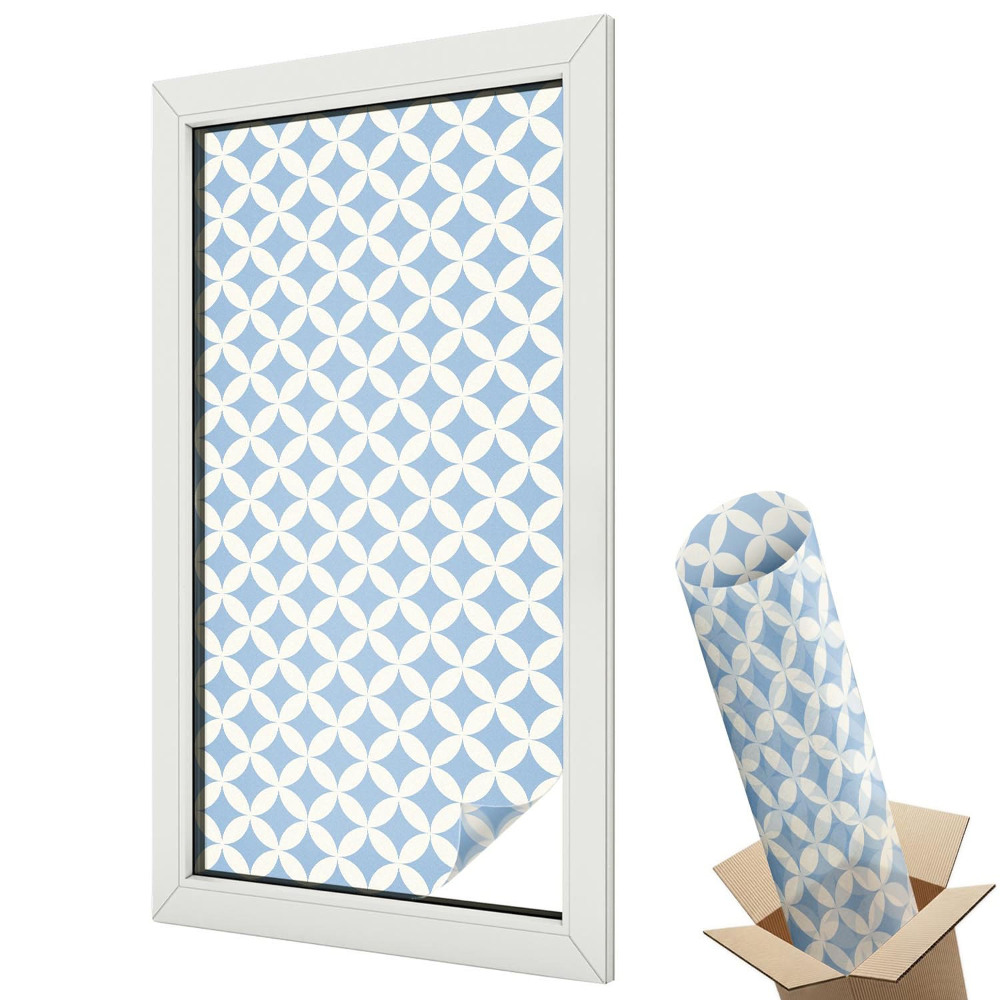 Folie geamuri decorativă vitraliu Cercuri albe geometrice pe fundal albastru