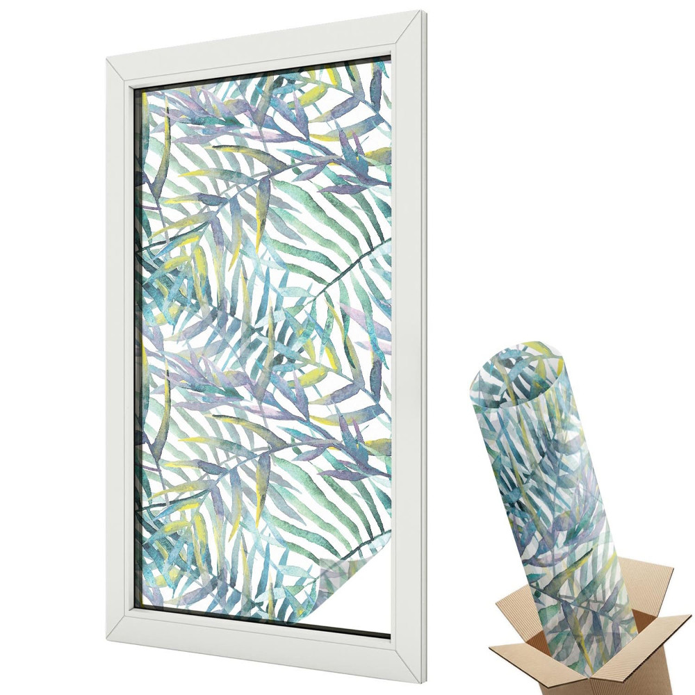 Folie geamuri decorativă vitraliu Repetiție de frunze de ferigă și acuarelă