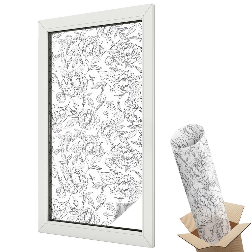 Folie geamuri decorativă vitraliu Bujori înfloriți cu frunze simetrice