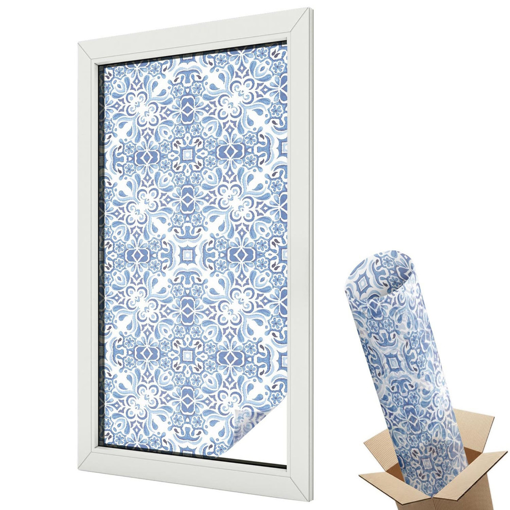Folie geam să nu se vadă din exterior Model floral simetric albastru