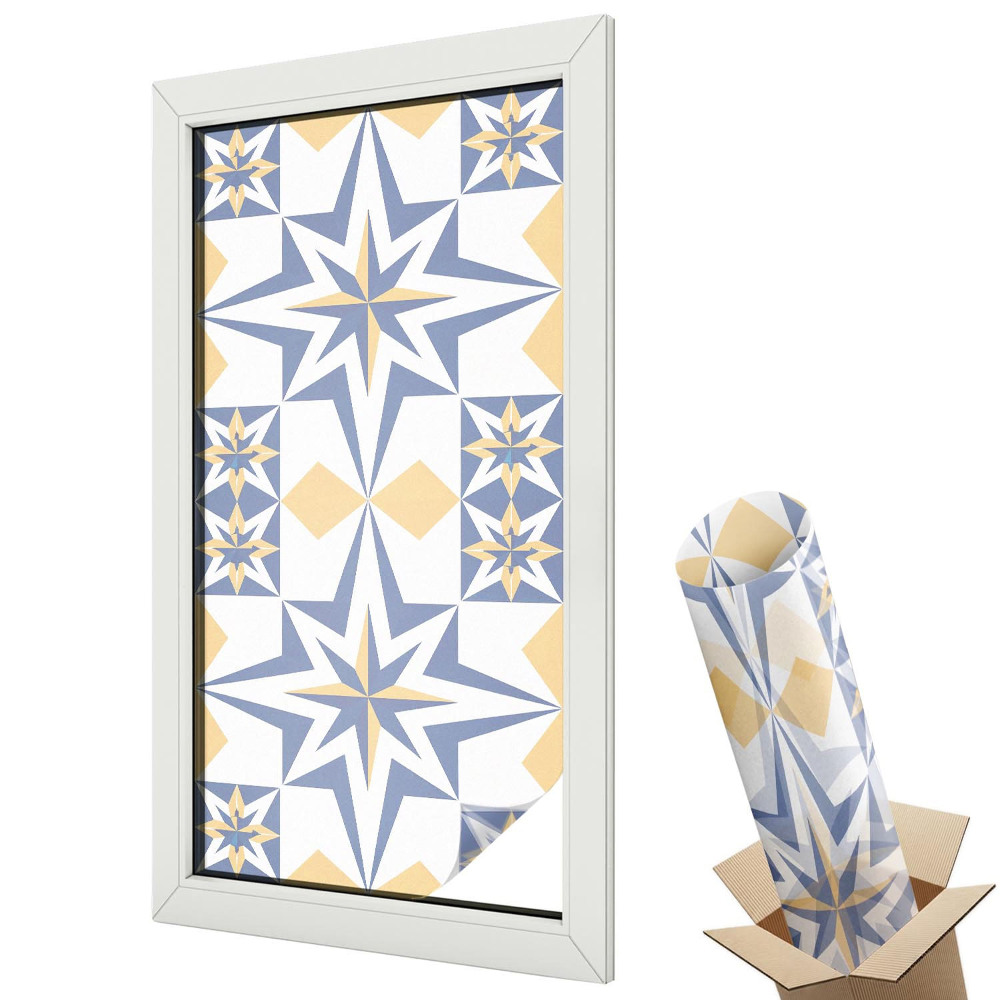 Folie geamuri decorativă vitraliu Model geometric albastru și galben