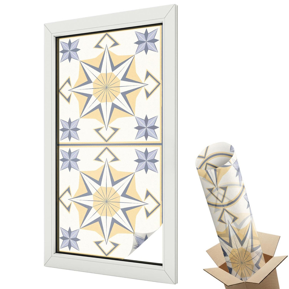 Folie geamuri decorativă vitraliu Stea geometrică galbenă și gri