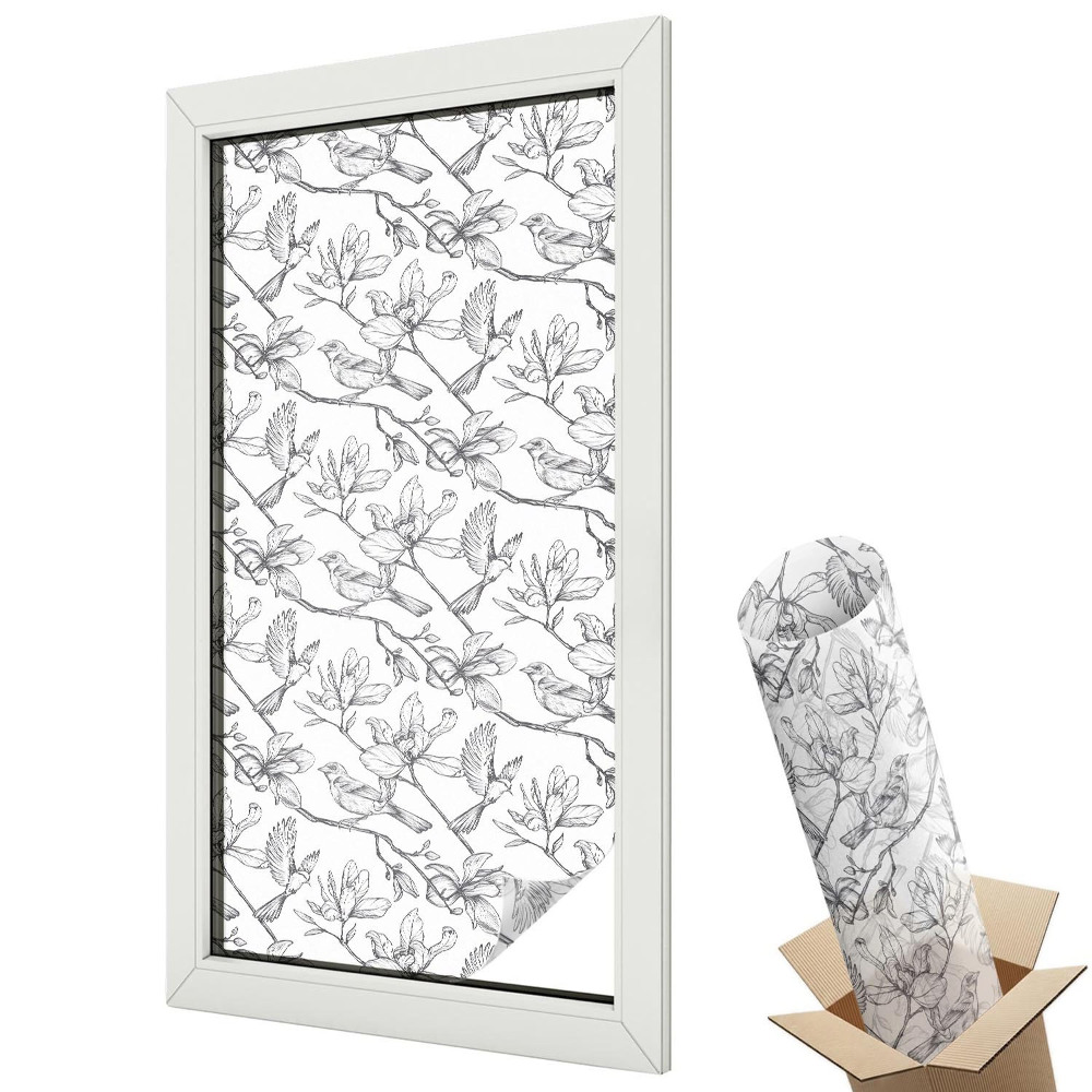 Folie geamuri decorativă vitraliu Motiv vegetal cu păsări, eleganță și natură