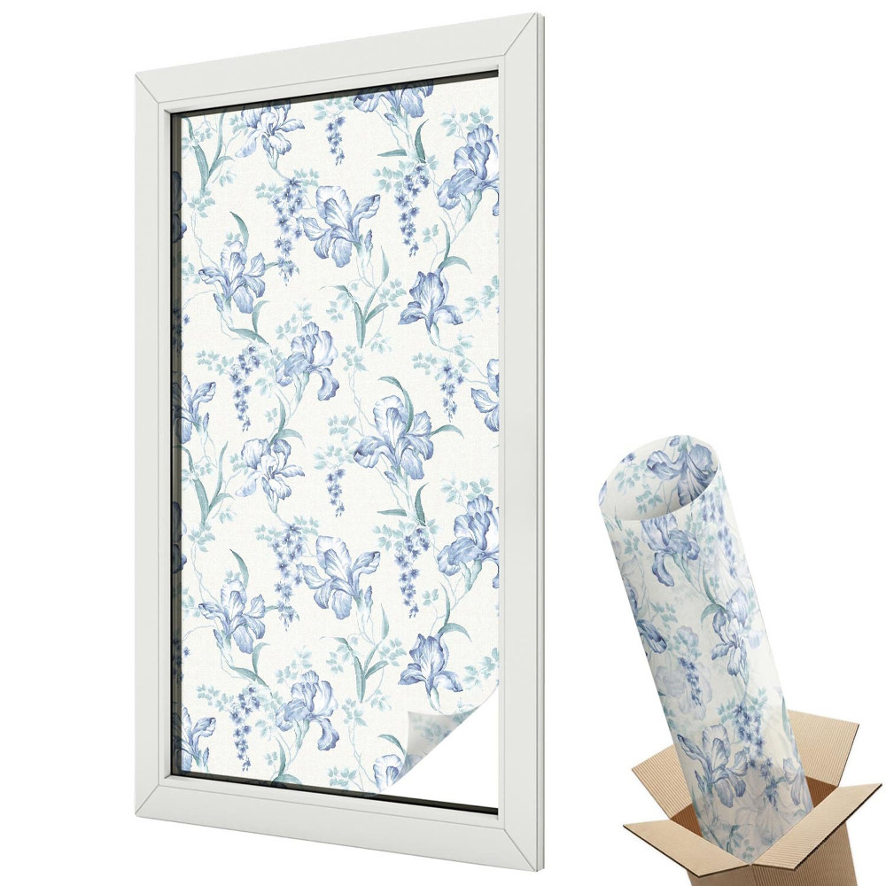 Folie geam să nu se vadă din exterior Motiv floral în nuanțe de albastru