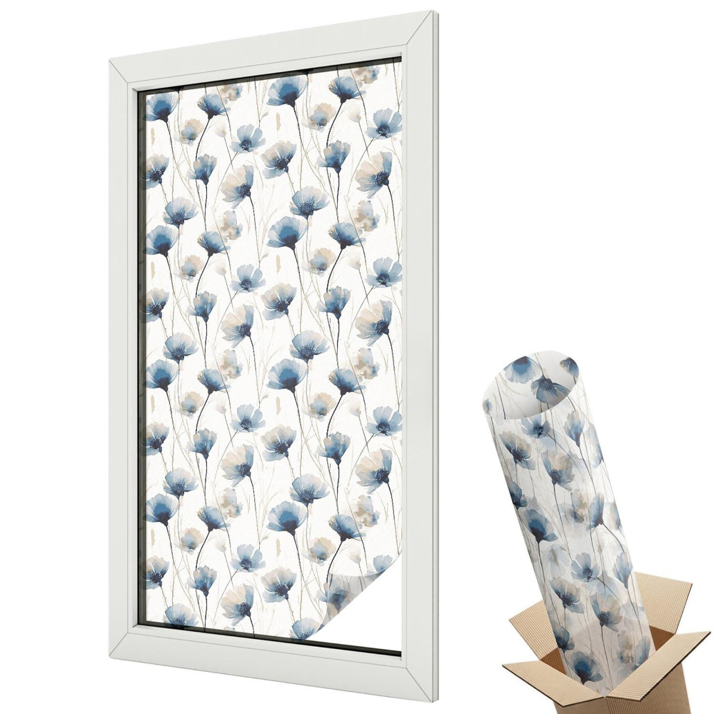 Folie geamuri decorativă vitraliu Motiv floral elegant în nuanțe de albastru