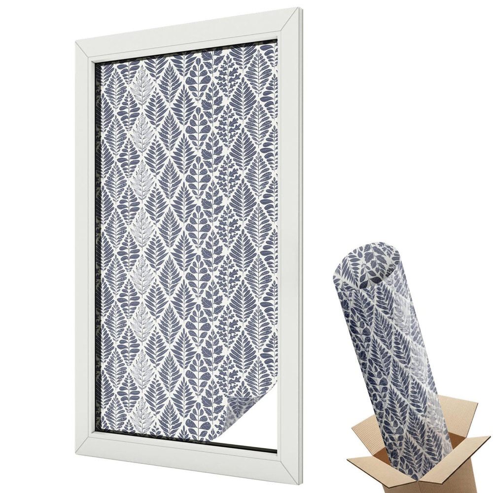 Folie geam să nu se vadă din exterior Tapet clasic cu frunze albastru-gri