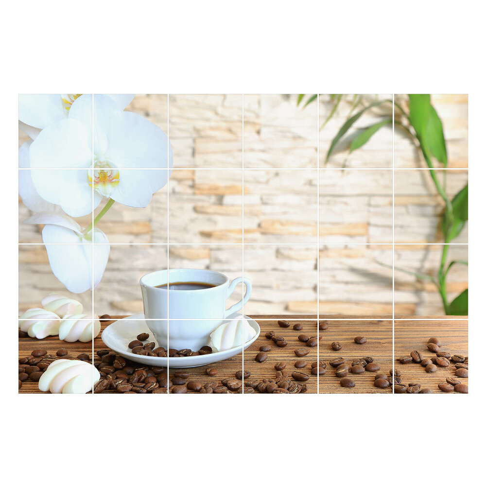 Autocolante gresie Cafea cu flori de orhidee