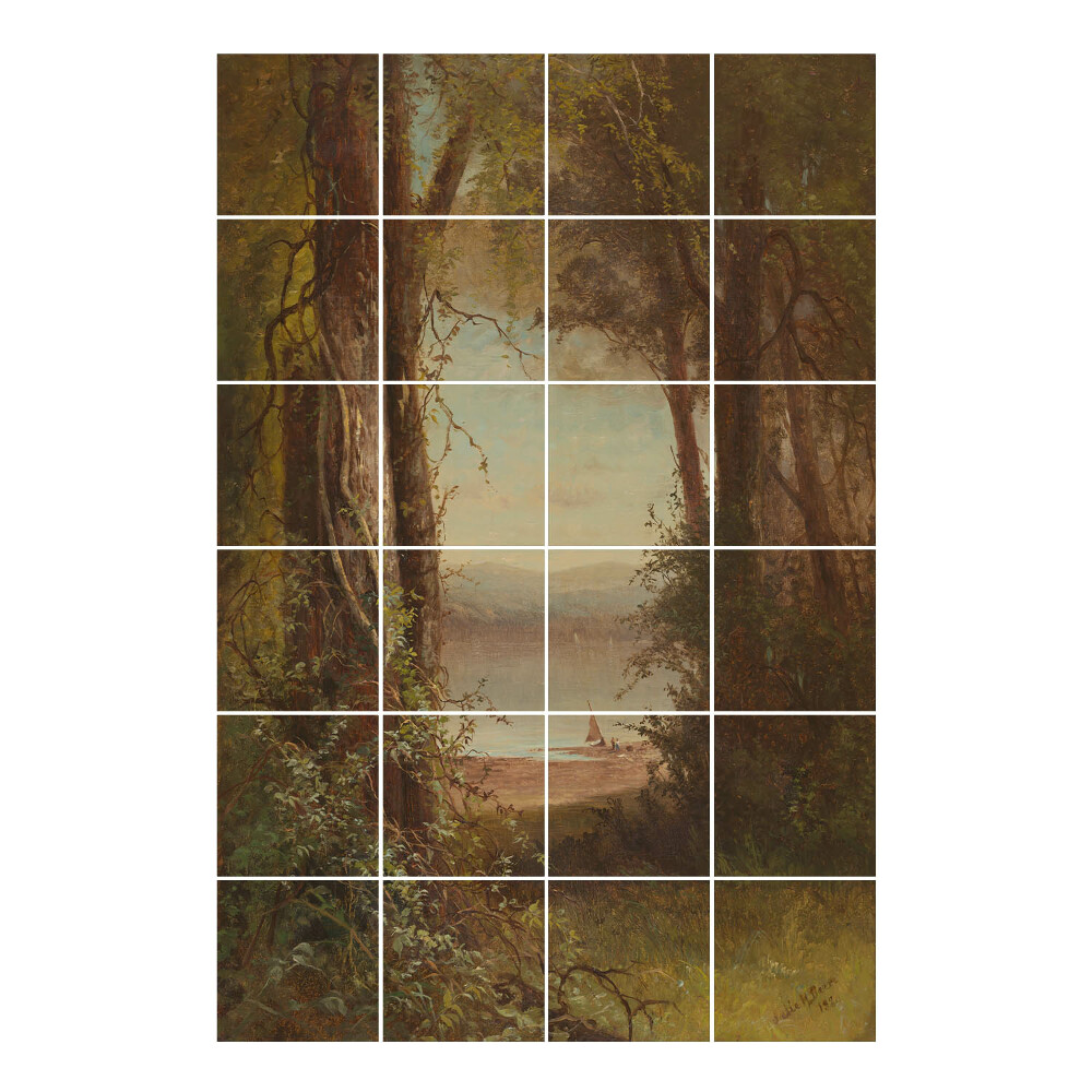 Autocolante pentru gresie Vedere a lacului cu o barcă