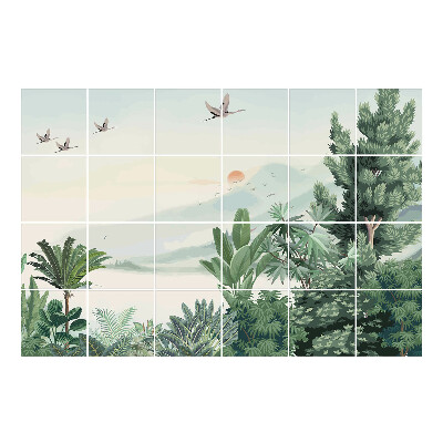 Autocolante pentru gresie Peisaj tropical cu păsări