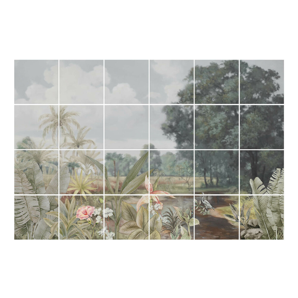 Autocolante pentru gresie Peisaj tropical cu păsări