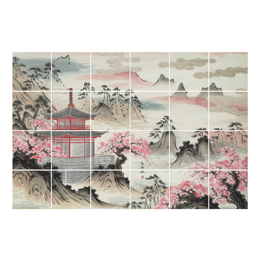 Autocolante gresie si faianta Pagodă într-un peisaj montan