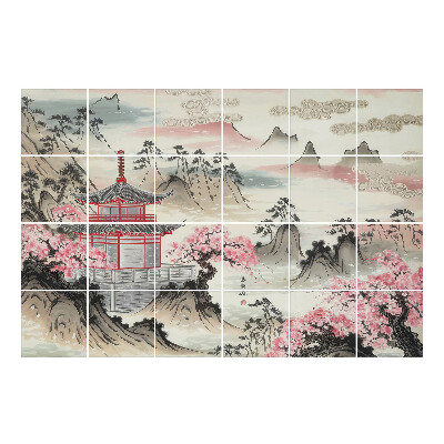 Autocolante gresie si faianta Pagodă într-un peisaj montan