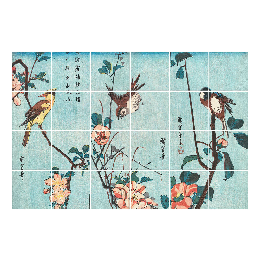 Autocolante pentru gresie Păsări pe ramuri de flori