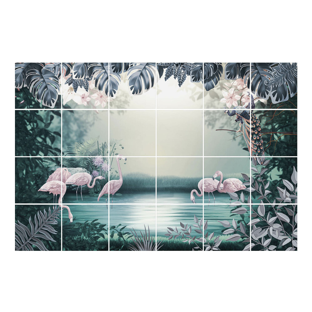 Autocolante pentru gresie Peisaj tropical cu păsări