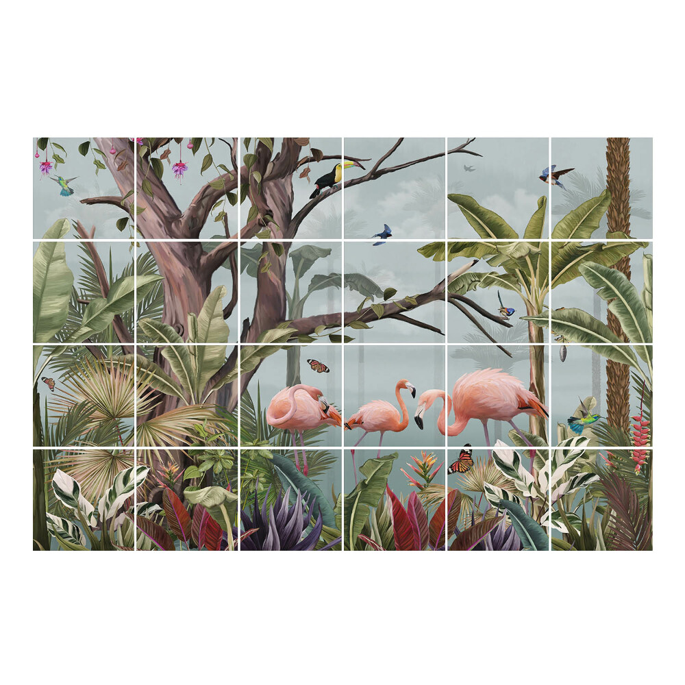 Autocolante pentru gresie Peisaj tropical cu flamingi