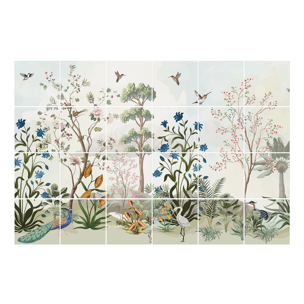 Autocolante gresie si faianta Peisaj floral cu păsări