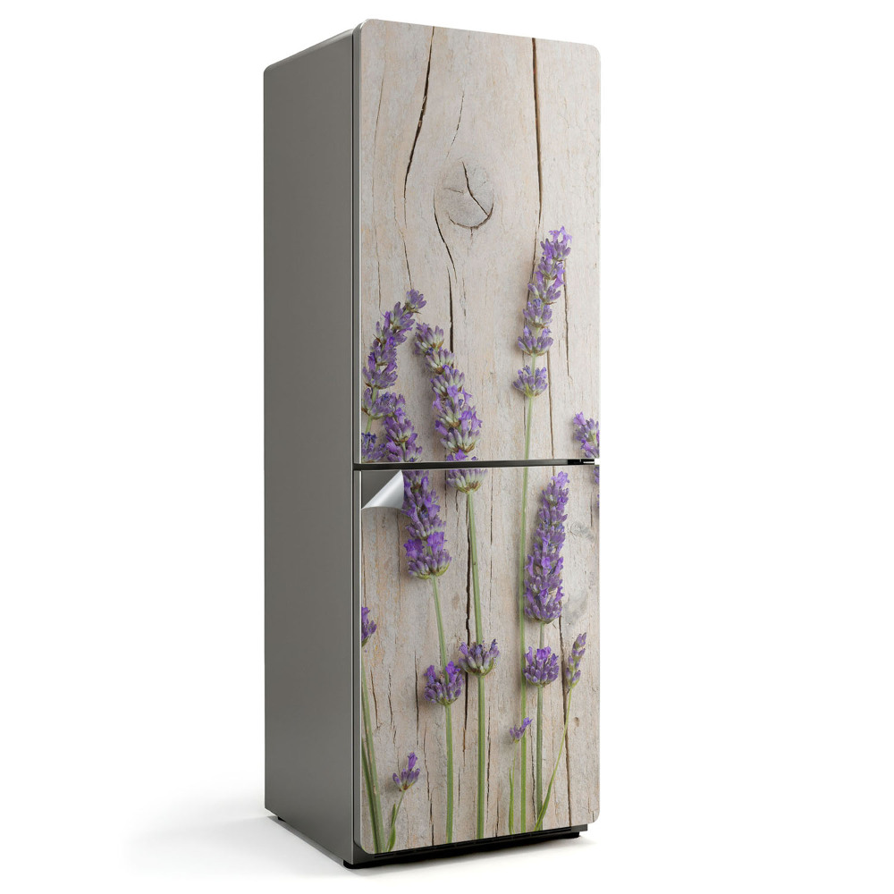 Autocolant pentru frigider Flori de lavandă pe fundal de lemn