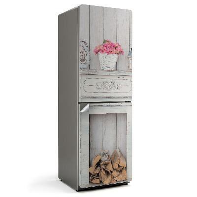 Folie pentru frigider Șemineu rustic cu flori