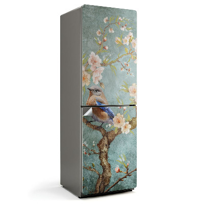 Folie frigider O pasăre pe o creangă cu flori