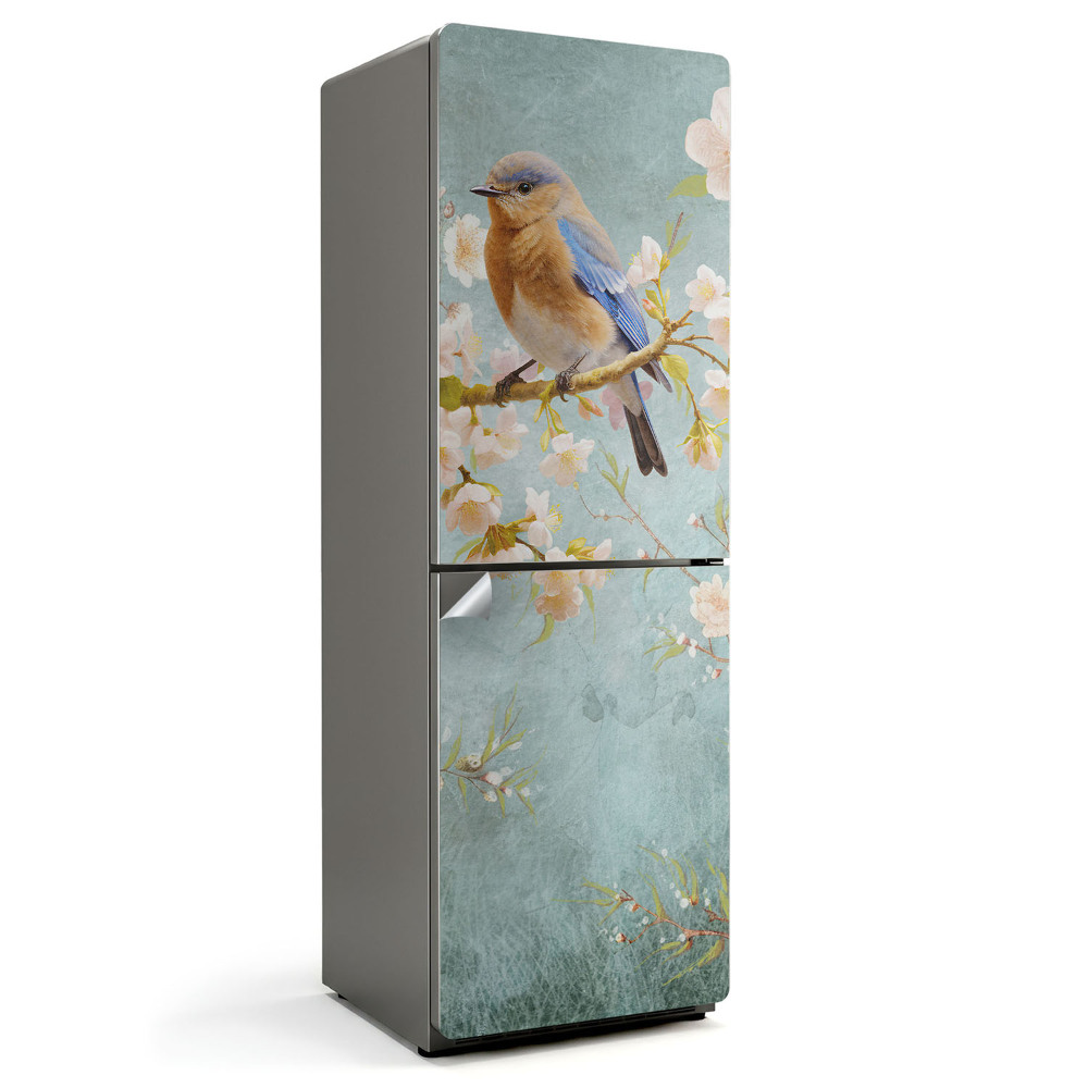 Autocolant pentru frigider O pasăre pe o creangă cu flori