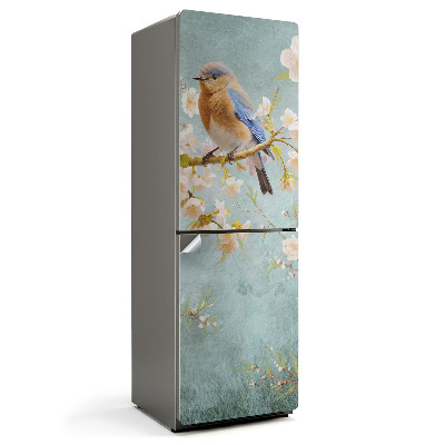 Autocolant pentru frigider O pasăre pe o creangă cu flori