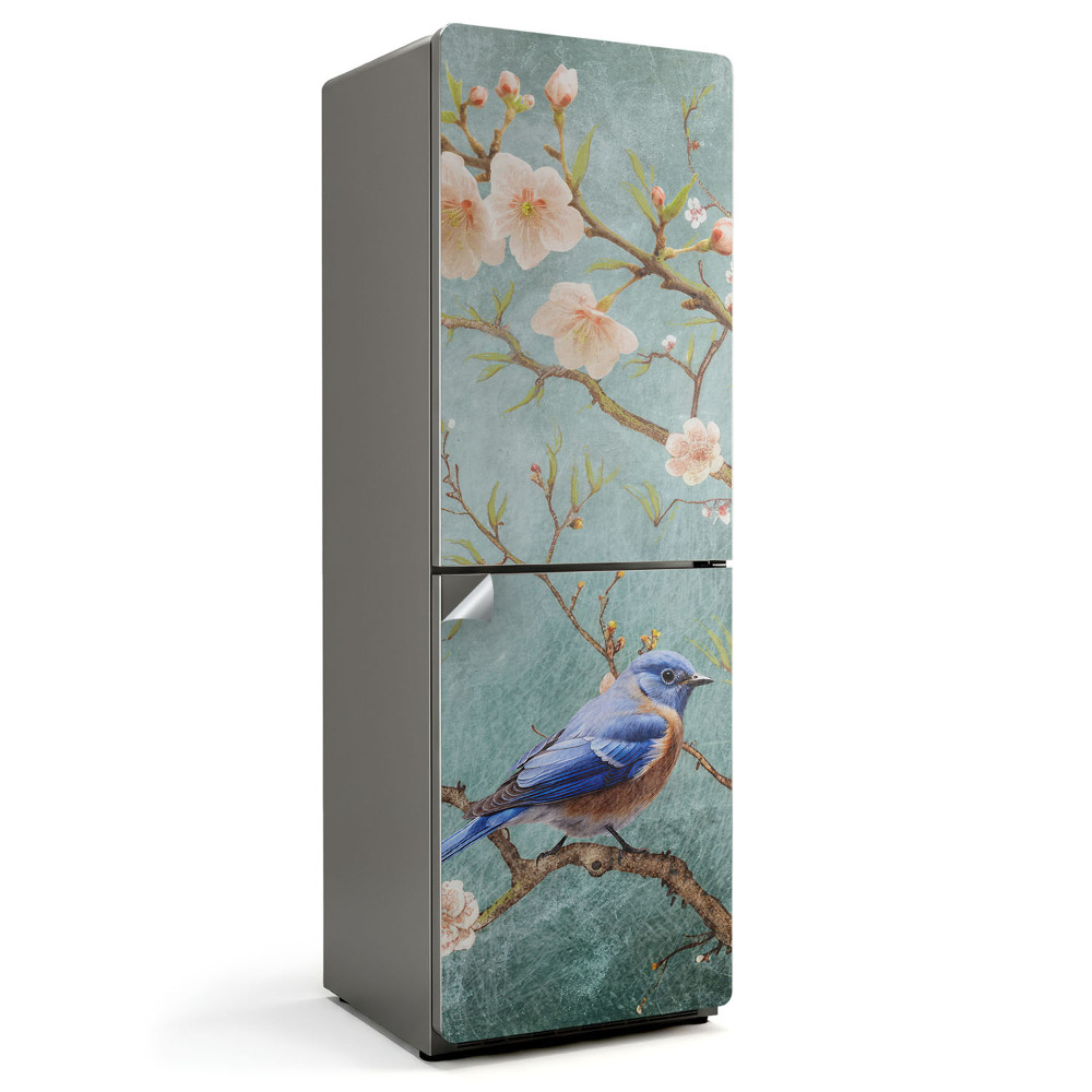 Folie frigider O pasăre pe o creangă cu flori