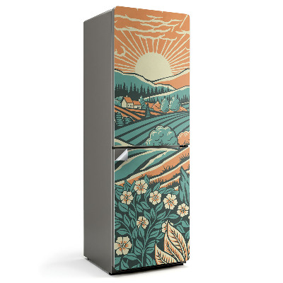 Folie pentru frigider Ilustrație cu pajiște răsărit de soare