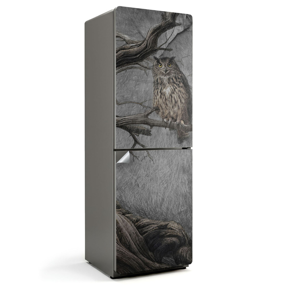 Folie frigider O bufniță pe o creangă în pădure