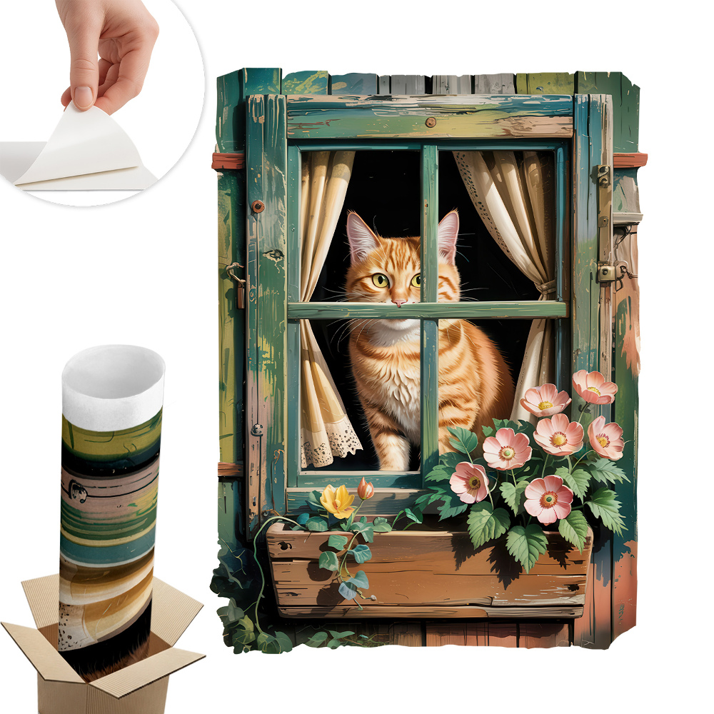 Sticker perete fereastră 3d 75x100 Pisicuța la fereastră