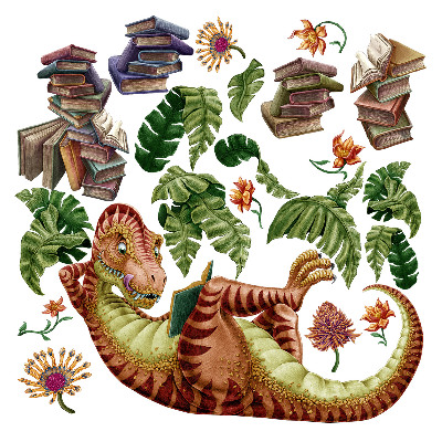 Stickere perete copii 80x119 Dinozaur de desene animate în frunze și flori