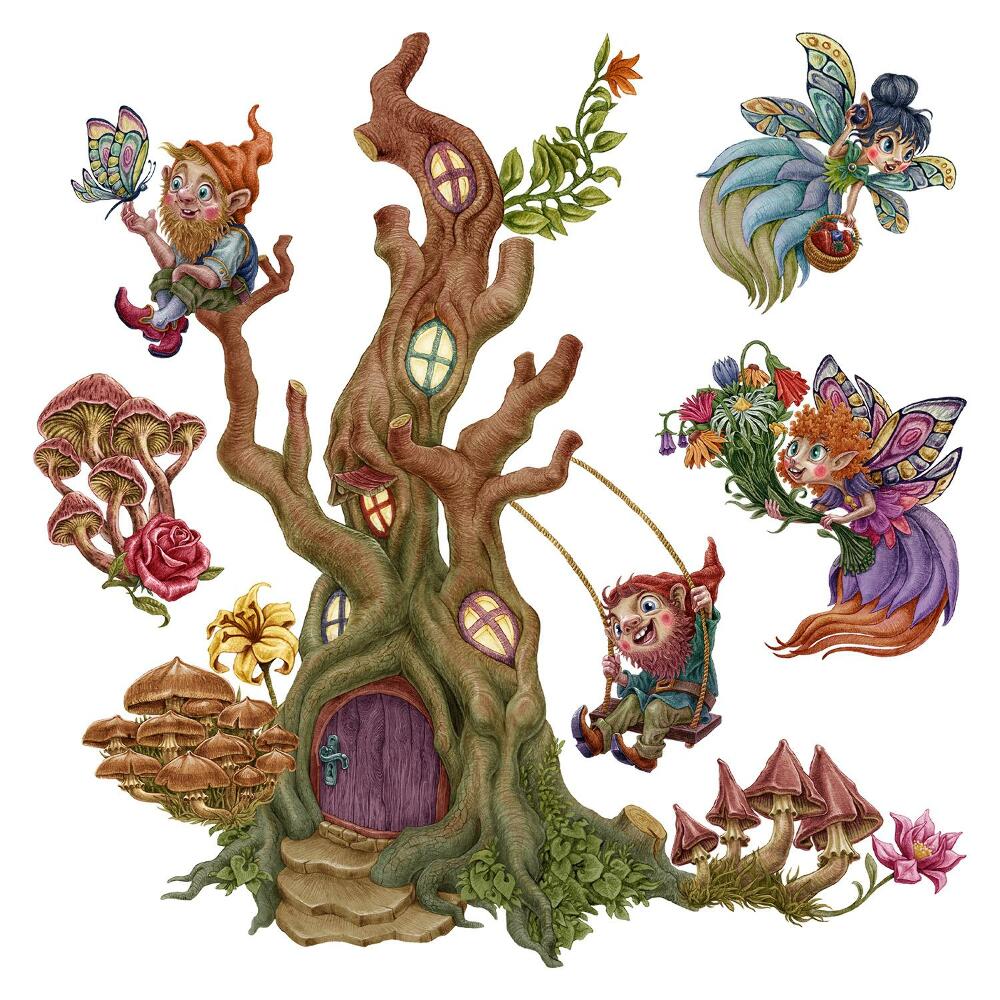 Stickere perete copii 80x83 Pitici și zâne într-un decor de pădure