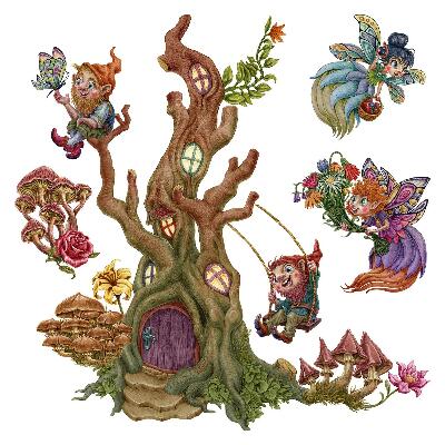 Stickere perete copii 80x83 Pitici și zâne într-un decor de pădure