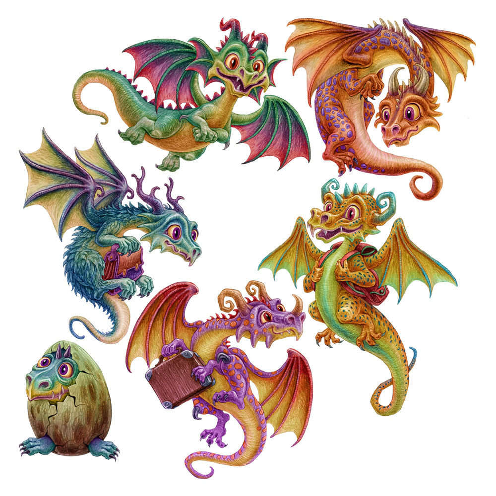 Stickere perete copii 80x64 Dragoni de desene animate într-un stil magic și colorat