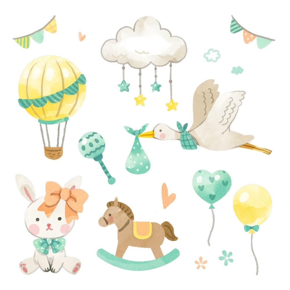 Stickere perete copii 80x143 Jucării în acuarelă în pasteluri delicate