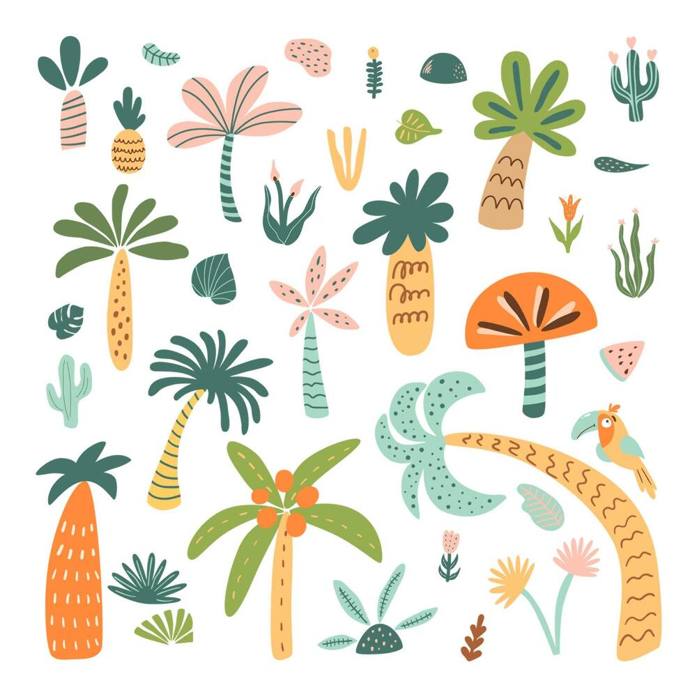 Stickere perete copii 80x112 Vegetație pastelată cu accent tropical