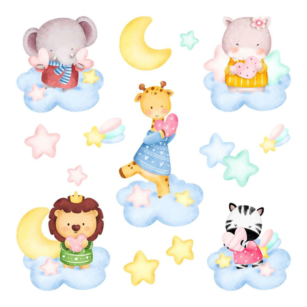 Stickere perete copii 80x122 Animale în nori pe fundalul stelelor, pastel acuarelă
