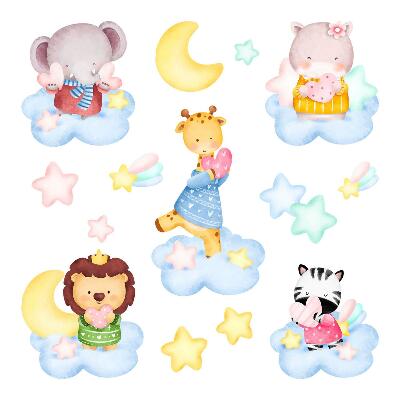 Stickere perete copii 80x122 Animale în nori pe fundalul stelelor, pastel acuarelă