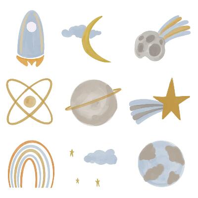 Stickere perete copii 80x134 Motiv pastelat de rachetă printre planete și stele