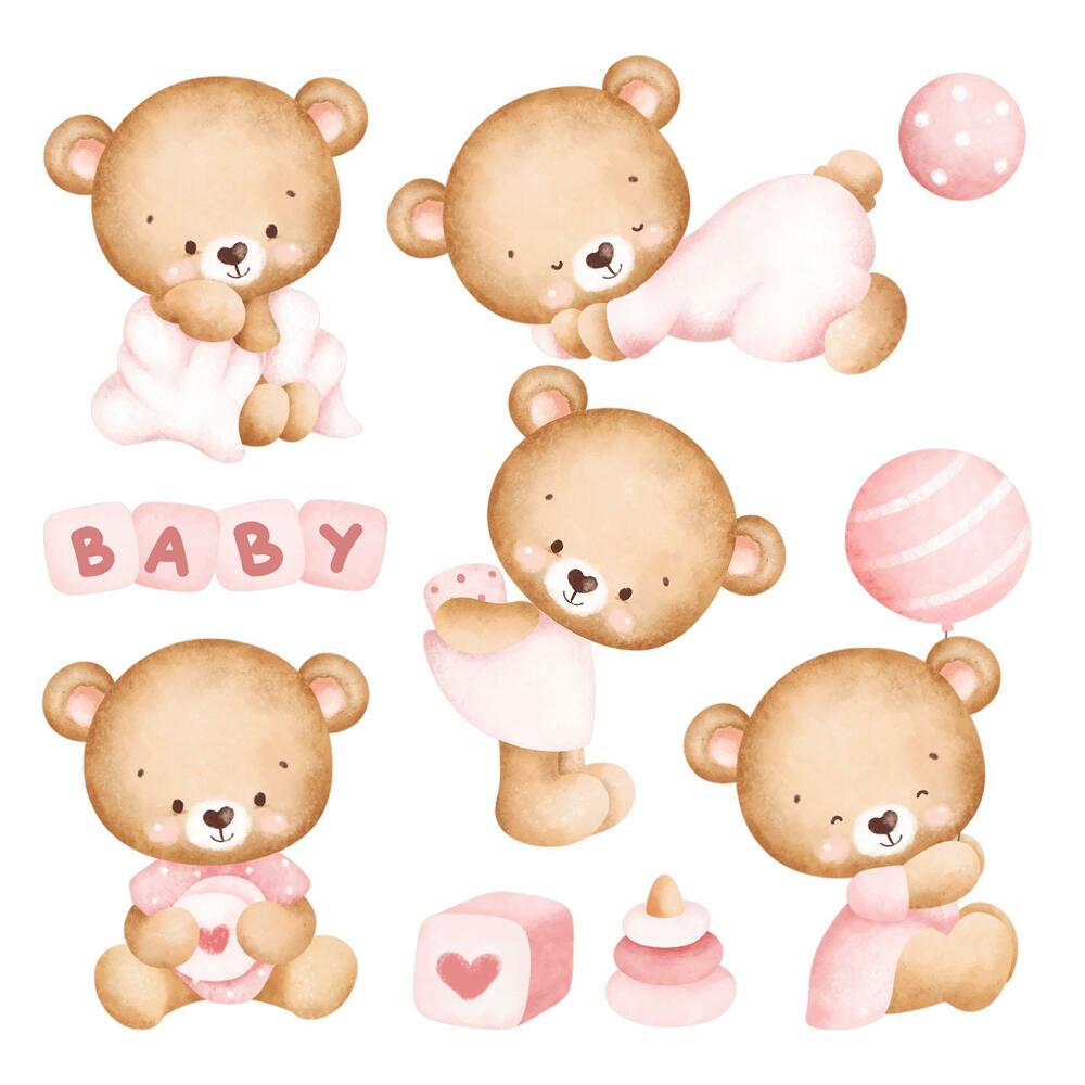 Stickere perete copii 80x140 Ursuleți de pluș fermecători într-un stil delicat de acuarelă