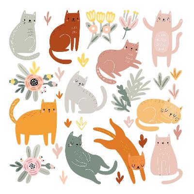 Stickere perete copii 80x141 Model boho cu pisici și plante în pasteluri