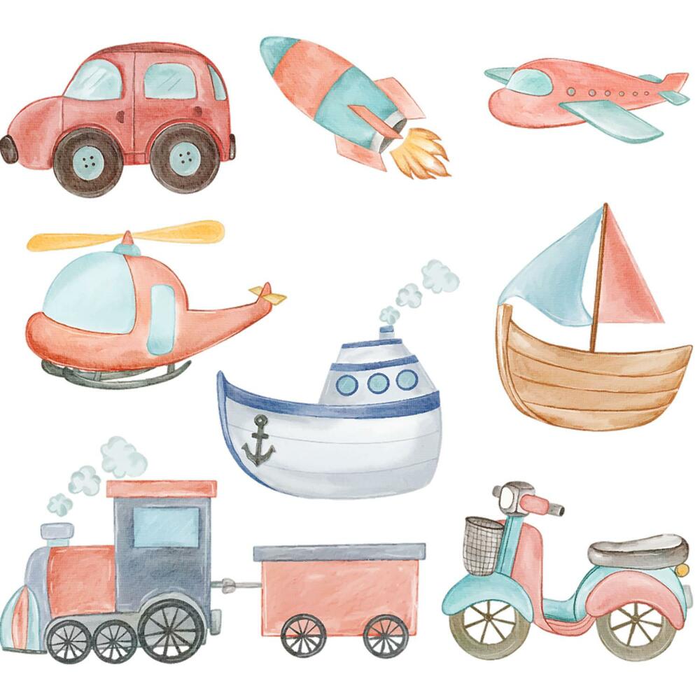 Stickere perete copii 80x126 Vehicule pastelate în stil acuarelă