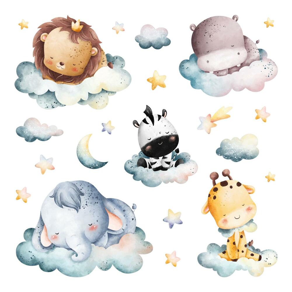 Stickere perete copii 80x119 Vise pastelate cu animale pe nori noaptea