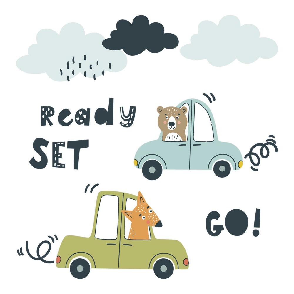 Stickere perete copii 80x108 Timp pentru o aventură! Animale în mașini pastelate