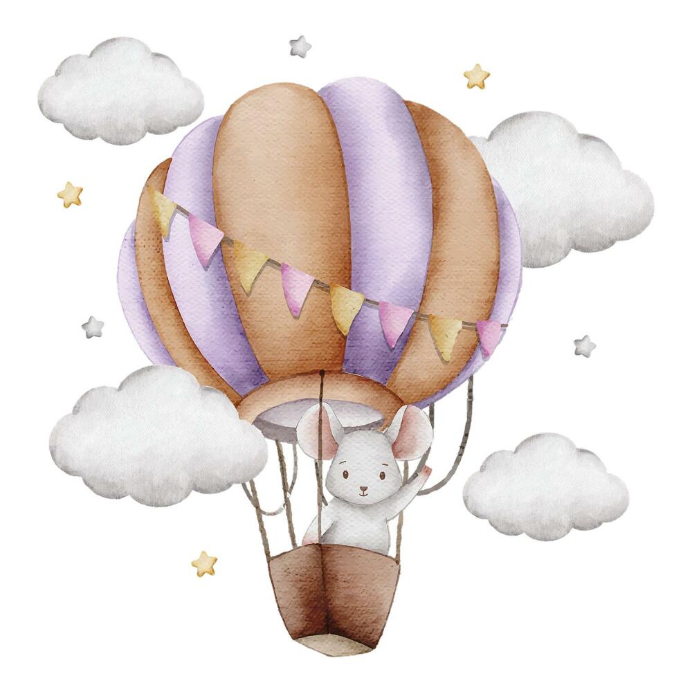 Stickere perete copii 80x94 Un șoarece printre nori pe un fundal de baloane în acuarelă