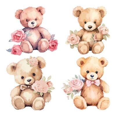 Stickere perete copii 80x103 Ursuleți de pluș florali într-o compoziție fermecătoare în acuarelă