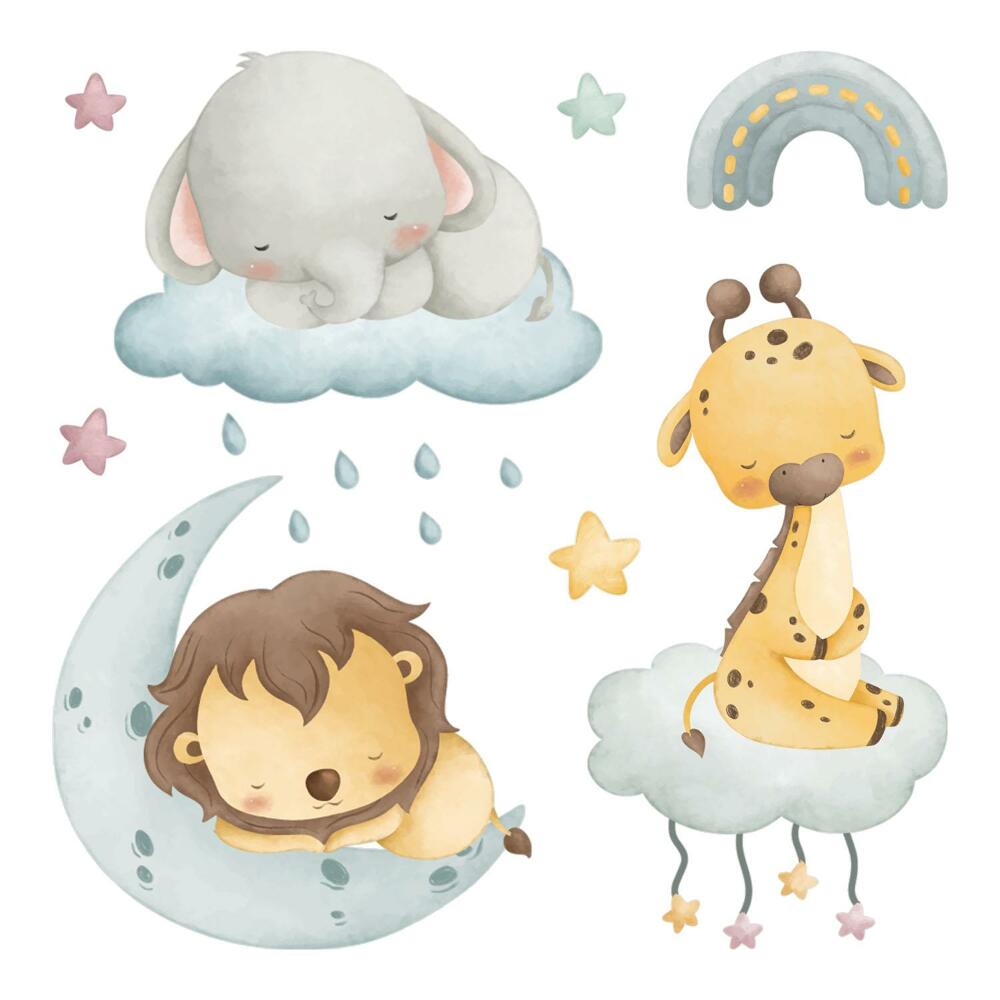 Stickere perete copii 80x121 Animale în acuarelă pastelată pe fundalul cerului